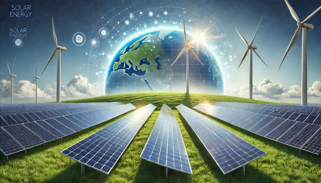 A realistic, high-quality photograph representing sustainable energy with a focus on solar power. A modern solar farm with large photovoltaic panels stretching across a green field, reflecting the sunlight. In the background, a wind turbine and a clear blue sky symbolize the integration of renewable energy sources. The setting is professional and environmentally friendly, emphasizing clean energy and innovation. Photorealistic, high-resolution, sharp details.