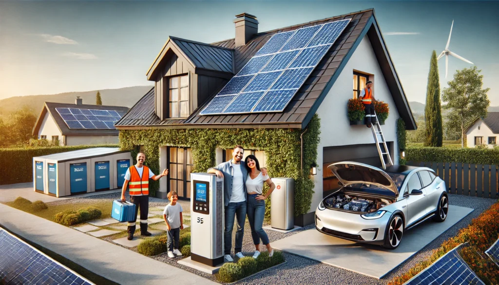A realistic, high-quality photograph showcasing a private homeowner embracing energy independence with solar power. In the foreground, a family stands next to their home with a newly installed rooftop solar panel system, smiling and pointing towards the panels. In the background, a technician in a safety vest and helmet is finalizing the installation. A modern battery storage unit and an electric vehicle charging station are also visible, representing full energy self-sufficiency. The setting emphasizes sustainability, cost savings, and the benefits of renewable energy for private households. Photorealistic, high-resolution, sharp details.