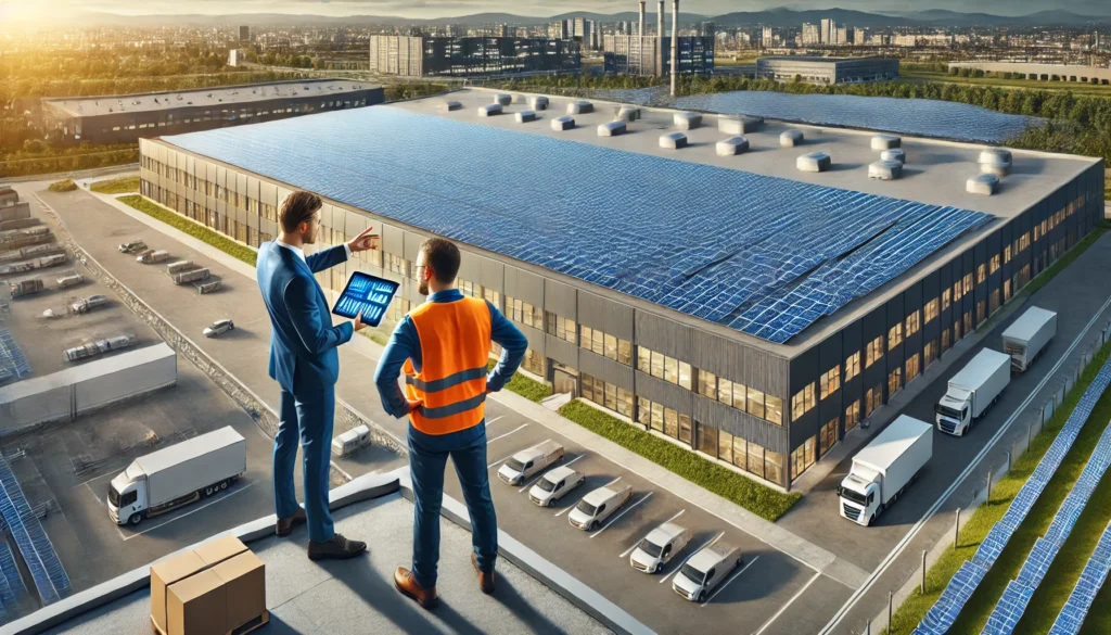 A realistic, high-quality photograph showcasing a large commercial solar panel installation on the rooftop of an industrial building. In the foreground, a business owner in a suit and a technician in a safety vest are discussing energy solutions while pointing at a digital tablet displaying energy statistics. In the background, the expansive solar array and a corporate office building symbolize sustainable business practices. The setting emphasizes cost savings, environmental responsibility, and renewable energy integration in commercial enterprises. Photorealistic, high-resolution, sharp details.