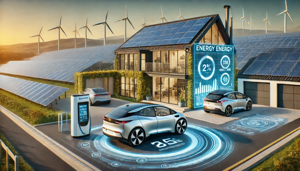 A realistic, high-quality photograph depicting the future of renewable energy. In the foreground, a futuristic smart home with solar panels on the roof, a large battery storage unit, and an electric vehicle charging in the driveway. In the background, a solar farm and wind turbines, symbolizing large-scale renewable energy integration. A digital interface displaying energy flow and efficiency statistics represents smart energy management. The setting emphasizes innovation, sustainability, and the next generation of energy solutions. Photorealistic, high-resolution, sharp details.